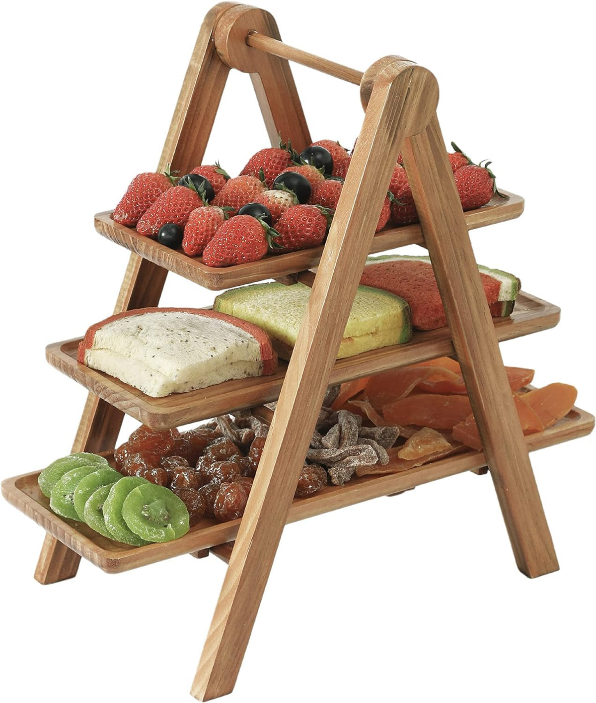 Wood Eclat 3-Tier Wooden Serving Tray with Collapsible Stand Farmhou