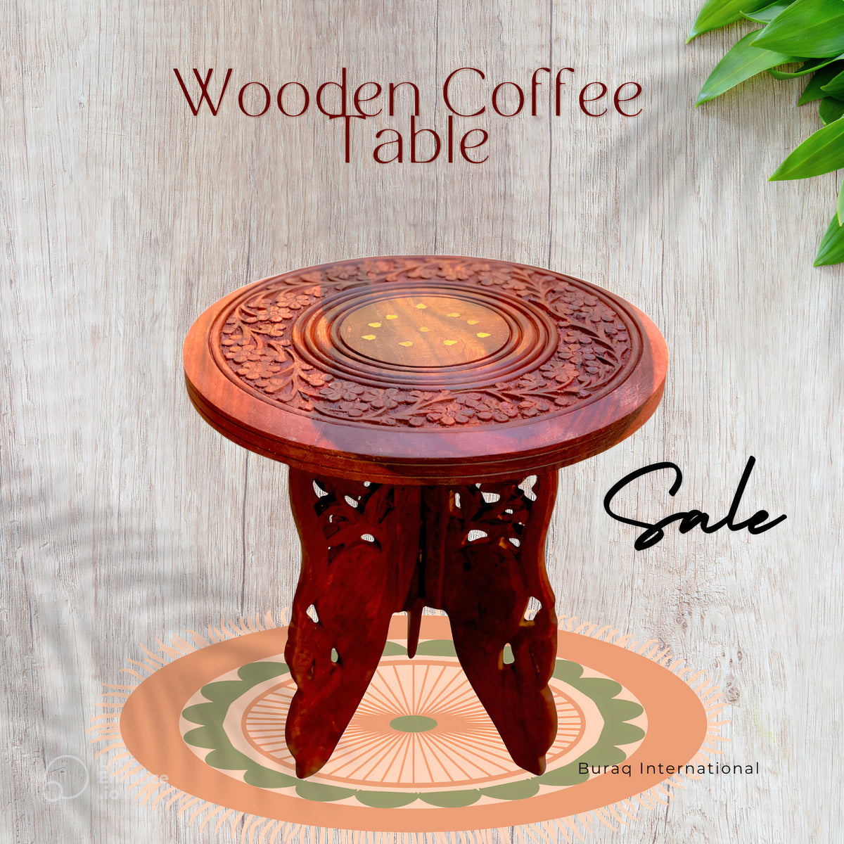 WOOD ECLAT Coffee Table Rosewood Engraved and Brass Inlay Work Wooden Table Stool