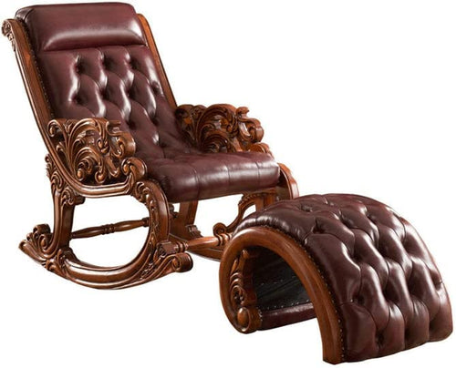 Wood Eclat Modern Teak Wood Ergonomic Rocking Chair Brown Premium Leat