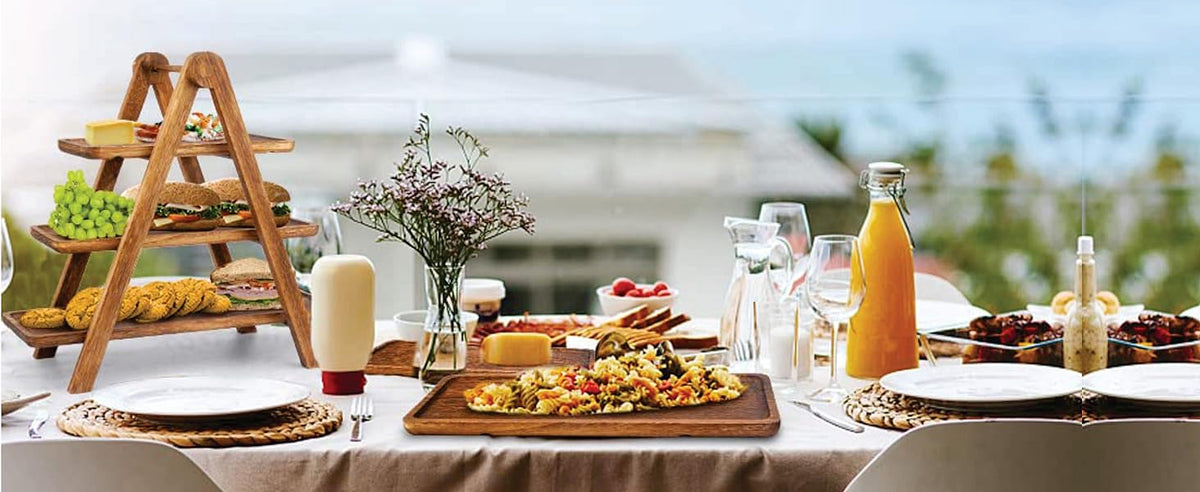 Wood Eclat 3-Tier Wooden Serving Tray with Collapsible Stand - Farmhouse Kitchen & Picnic Nesting Tray (Natural)